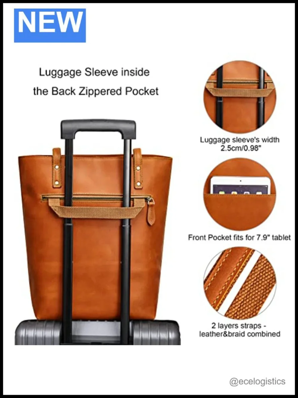 Leather Tote Bag for Women with Laptop Compartment and Luggage Sleeve Work